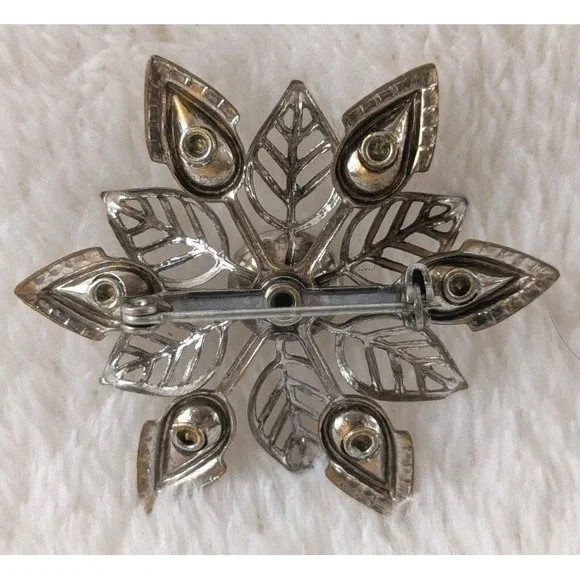 Vintage Clear Rhinestone Brooch Silver Gold Tone Starburst Snowflake Pin Jewelry - Picture 2 of 2